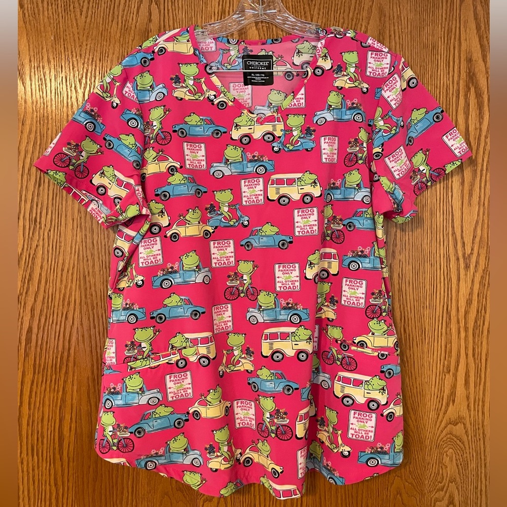 Cherokee Pink Cartoon Print Scrub Top